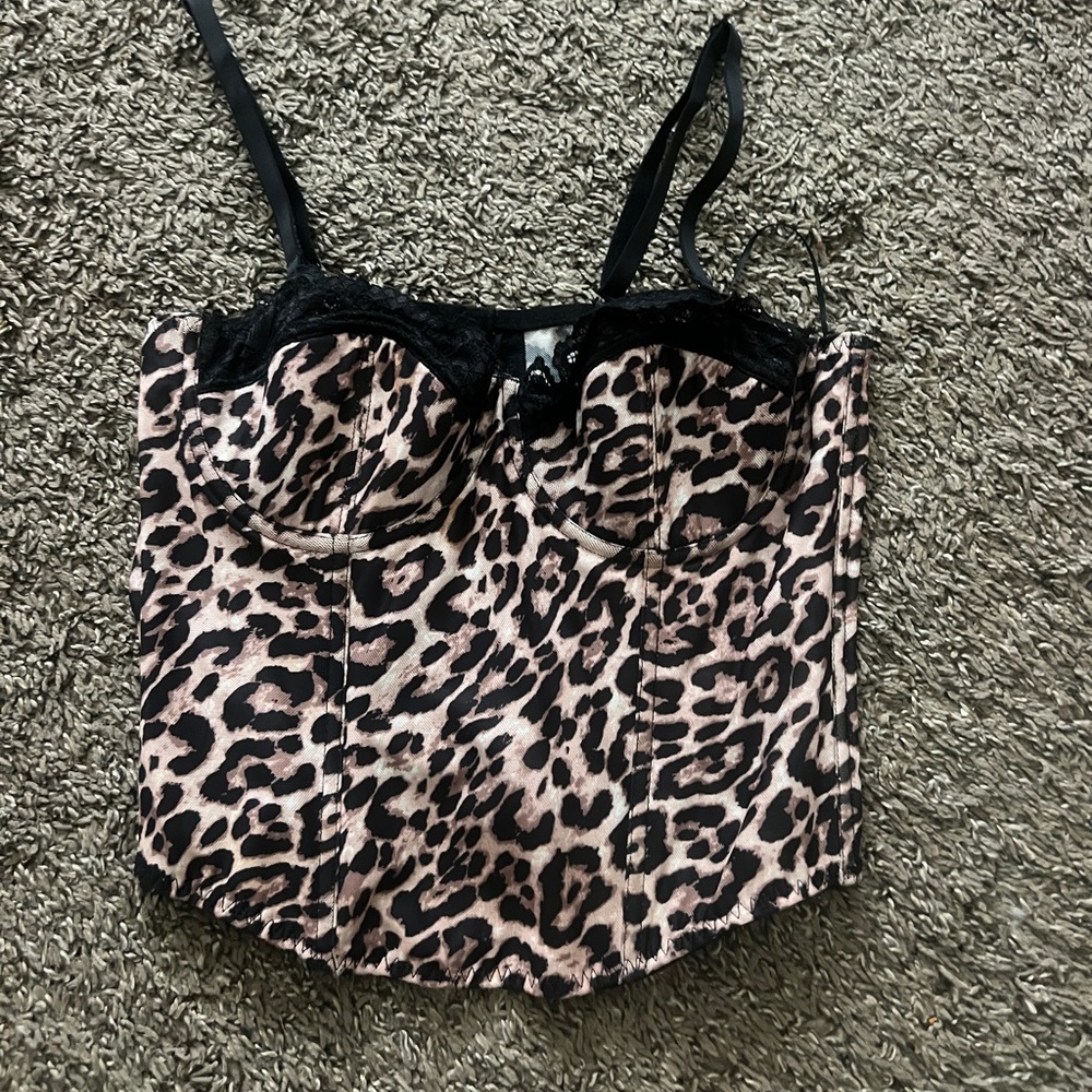 Sincerly Jules Leopard Lace-Trim Bustier Camisole - Black & Beige